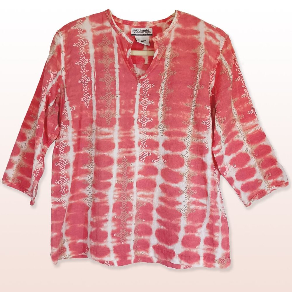 Columbia Coral & White Tiedye Top Print Overlay  Keyhole neck ¾ Sleeves Size L